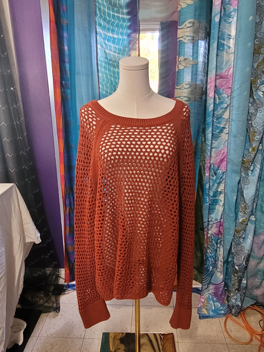 Old Navy Seaside Cotton Open-Knit Scoop Neck Sweater in Russet Moon
